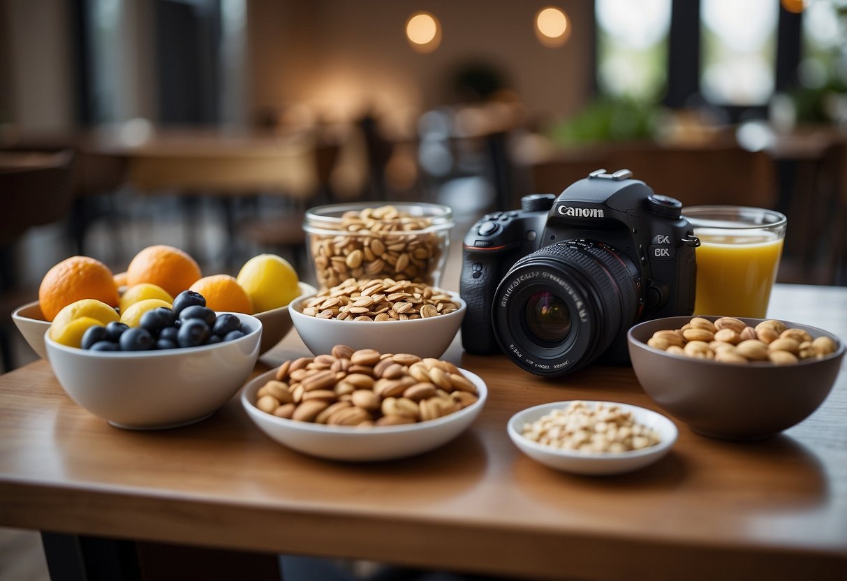 A table displays an array of healthy snacks: nuts, fruits, granola bars, and yogurt cups. A camera bag sits nearby, ready for a photography trip