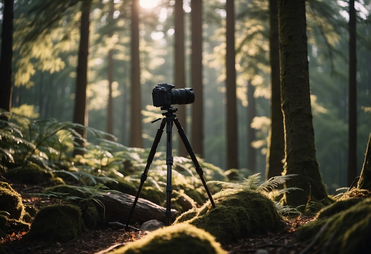 A photographer sets up a tripod in a serene forest. They carefully position their camera and equipment, mindful of their surroundings. A checklist of safety tips is visible nearby