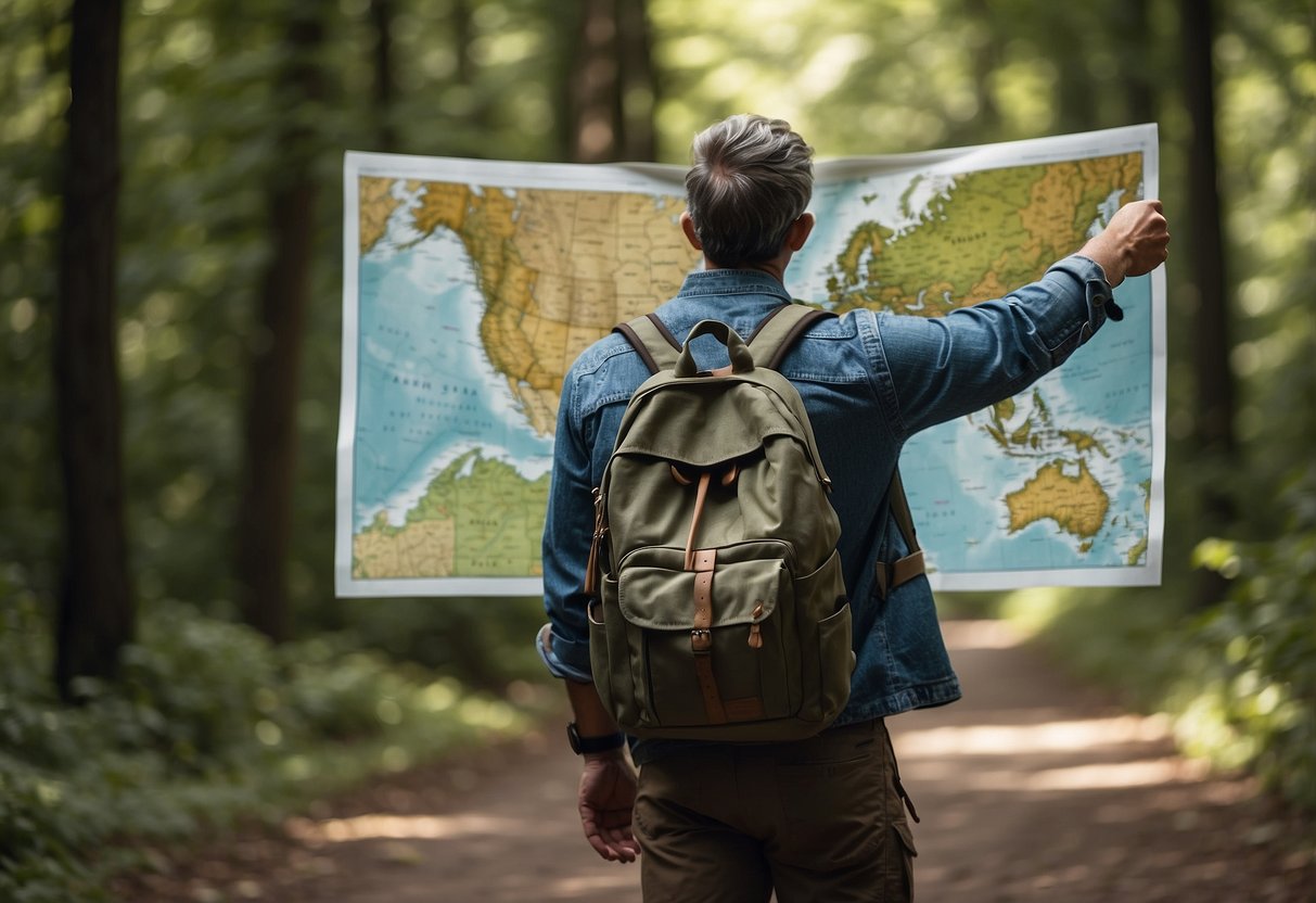 A photographer points to a map, signaling their location. They carry a backpack and camera gear, surrounded by nature. Safety tips are posted nearby