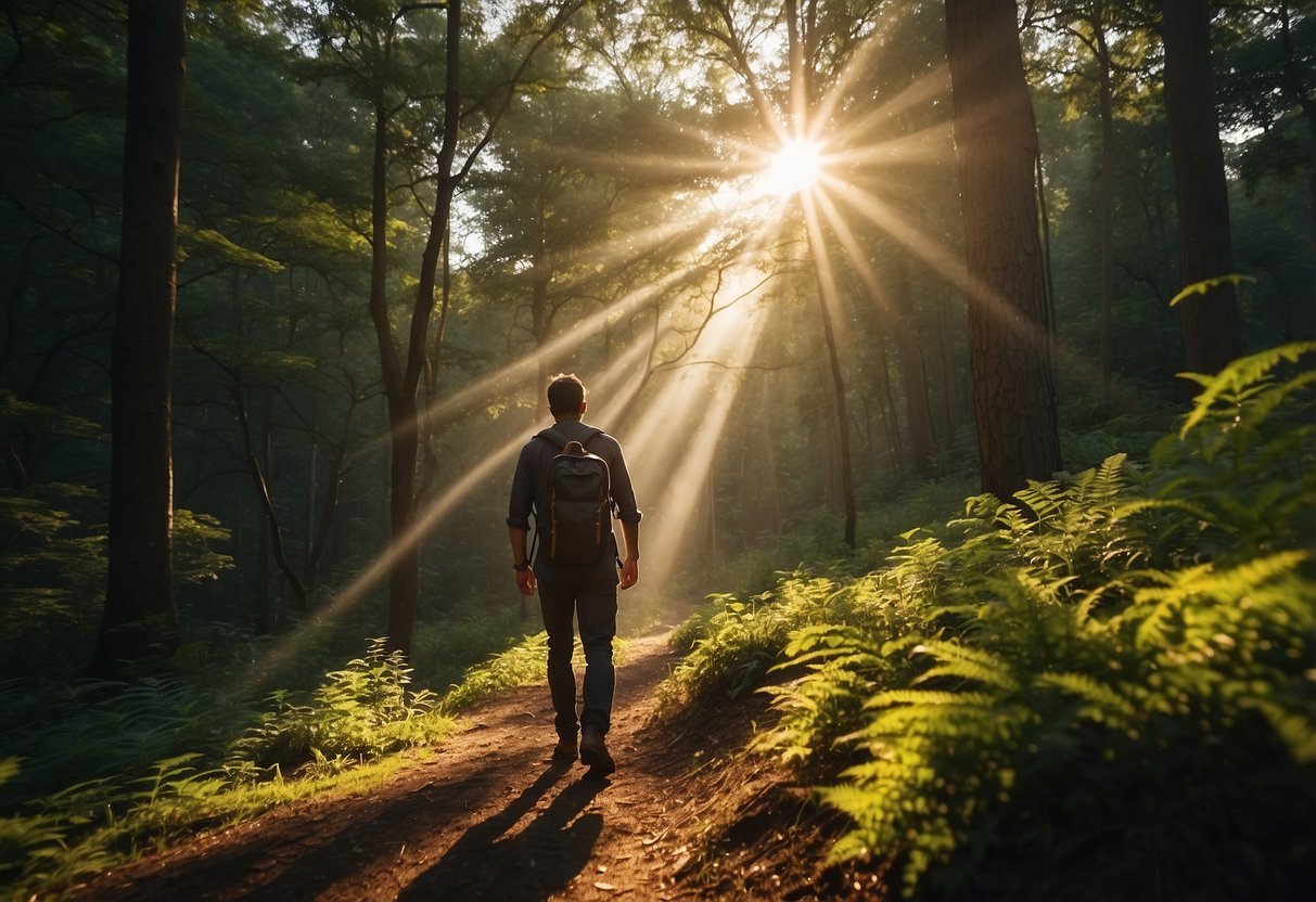 A person carrying a backpack and camera, with a whistle attached, stands in a lush forest. The sun is setting, casting a warm glow on the trees and creating long shadows on the forest floor