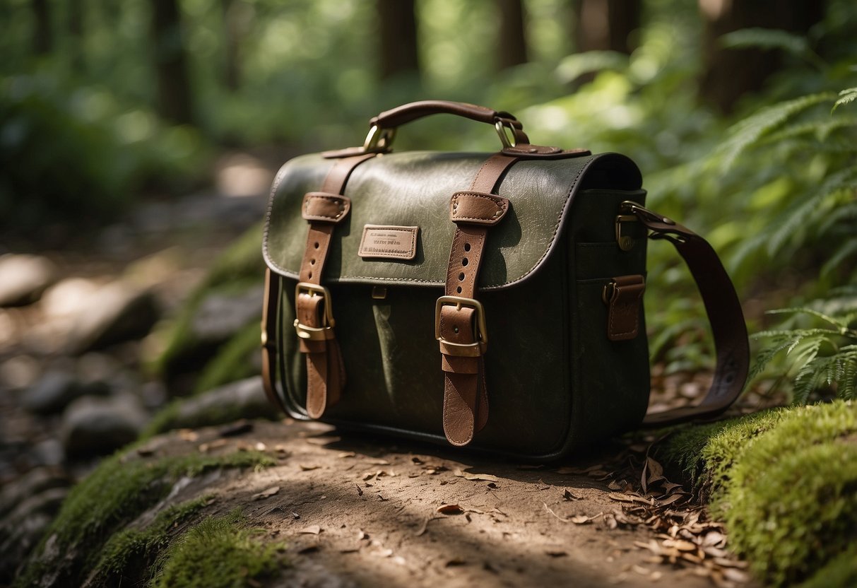 A camera bag sits on a well-worn trail, surrounded by lush greenery and tall trees. The dappled sunlight creates a peaceful atmosphere, with a small stream gurgling nearby