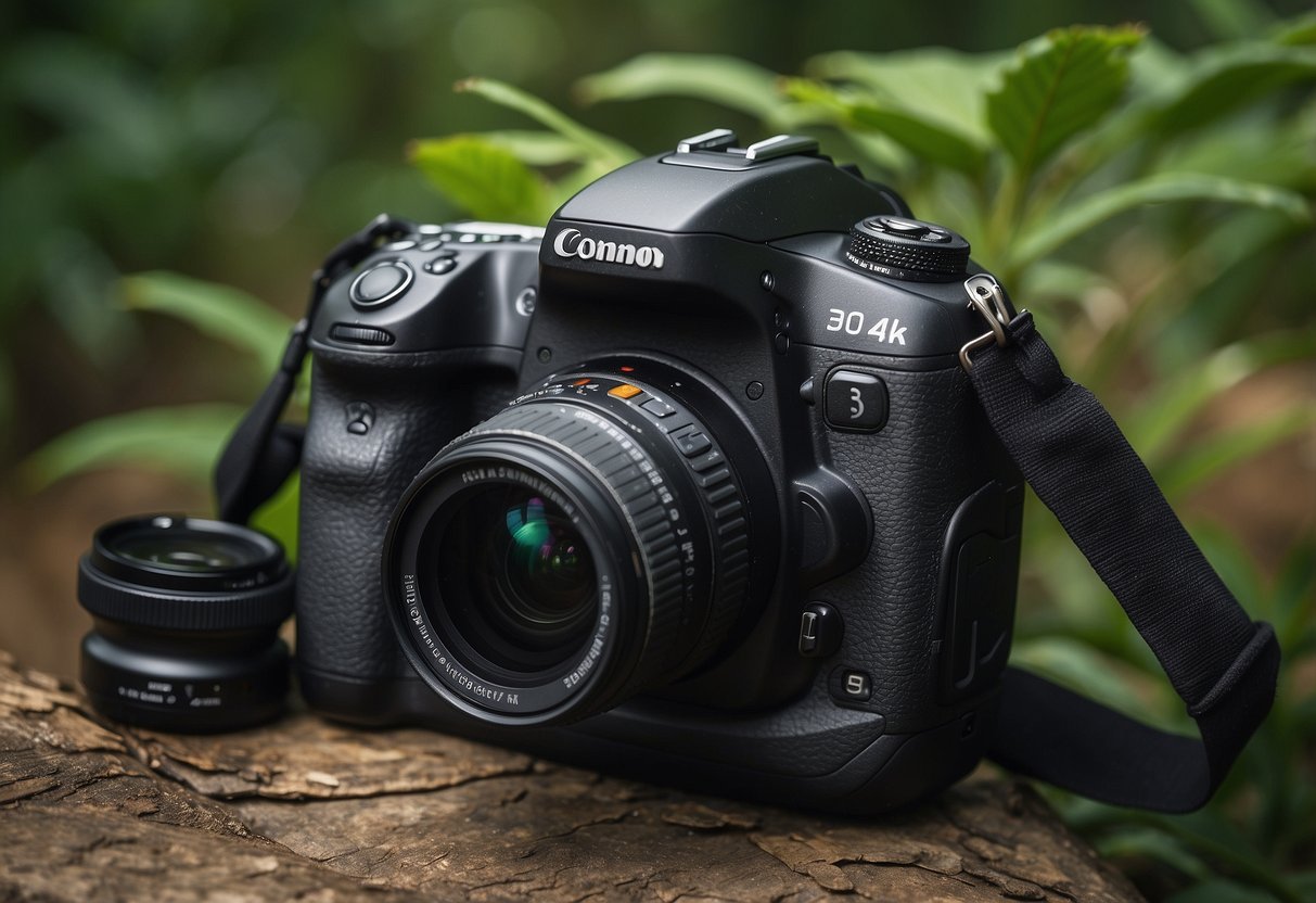 A camera bag open on the ground, surrounded by lush greenery and wildlife. Extra batteries and other photography equipment spilling out