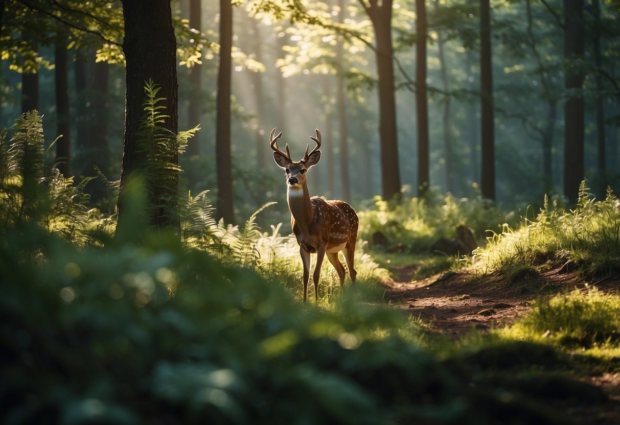 A forest clearing with a diverse array of wildlife, including birds, deer, and small mammals, surrounded by lush greenery and dappled sunlight