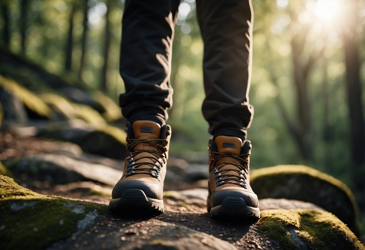 A hiker stands on a rocky trail, wearing sturdy hiking boots. The trail winds through a lush forest, with sunlight filtering through the trees