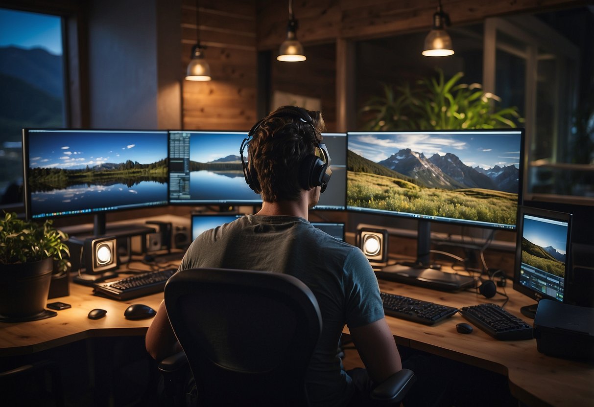 A photographer sits at a desk, surrounded by computer monitors and editing software. Natural landscapes and wildlife photos are displayed on the screens, as the photographer carefully adjusts colors and lighting