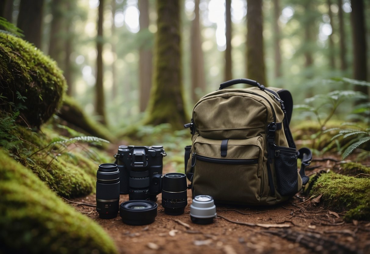 A camera bag sits open on the forest floor, surrounded by hiking boots, a tripod, and a map. A pair of binoculars and a first aid kit are also visible, ready for a solo nature photography adventure