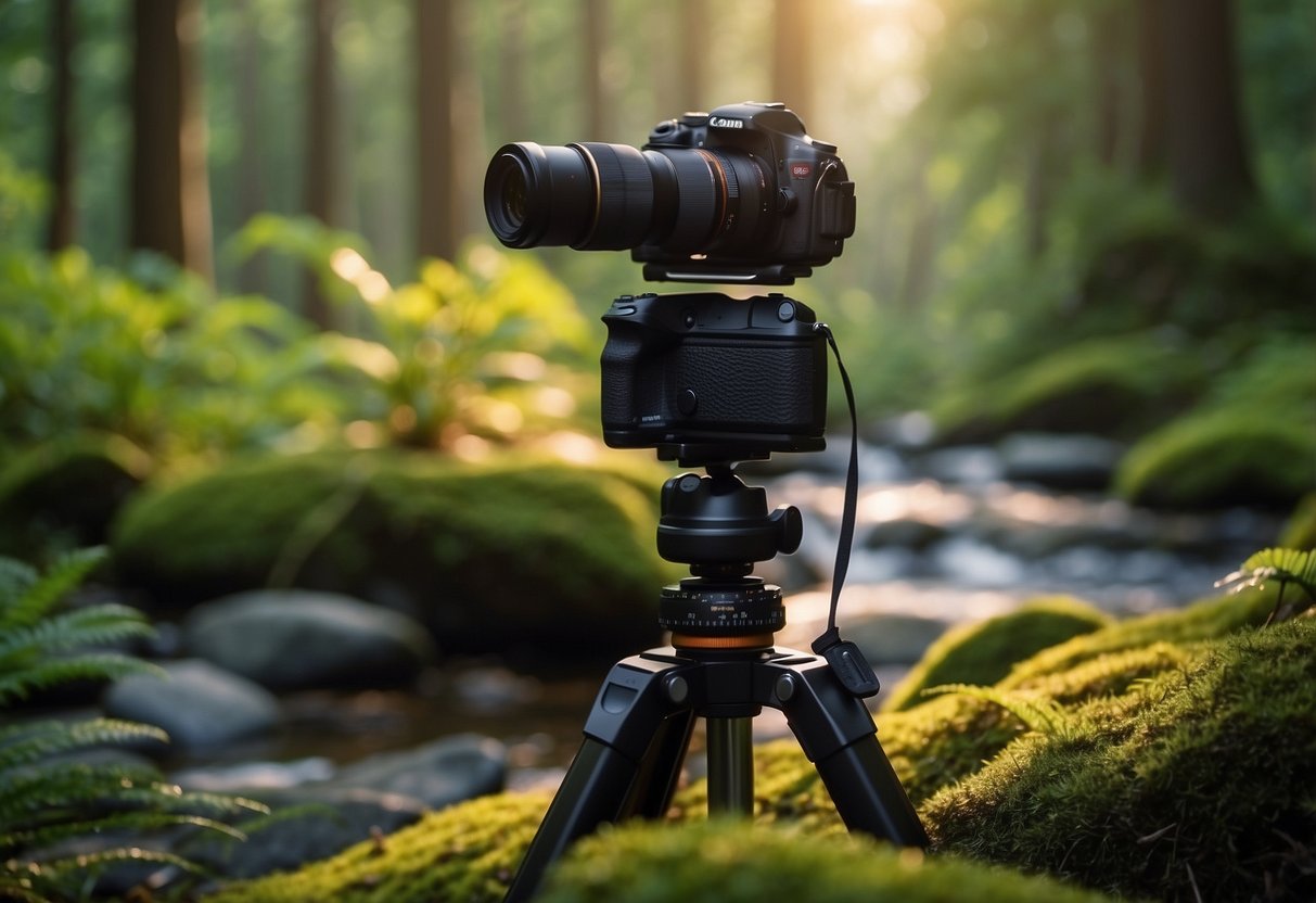 A serene forest clearing at sunrise, with a camera tripod set up and a backpack nearby. A gentle stream flows in the background, surrounded by lush greenery and wildlife