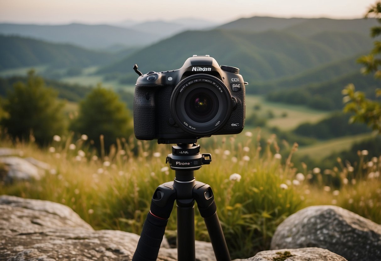 A camera on a tripod capturing a scenic landscape with minimal disturbance to the natural surroundings. Eco-friendly photography gear and reusable water bottle nearby