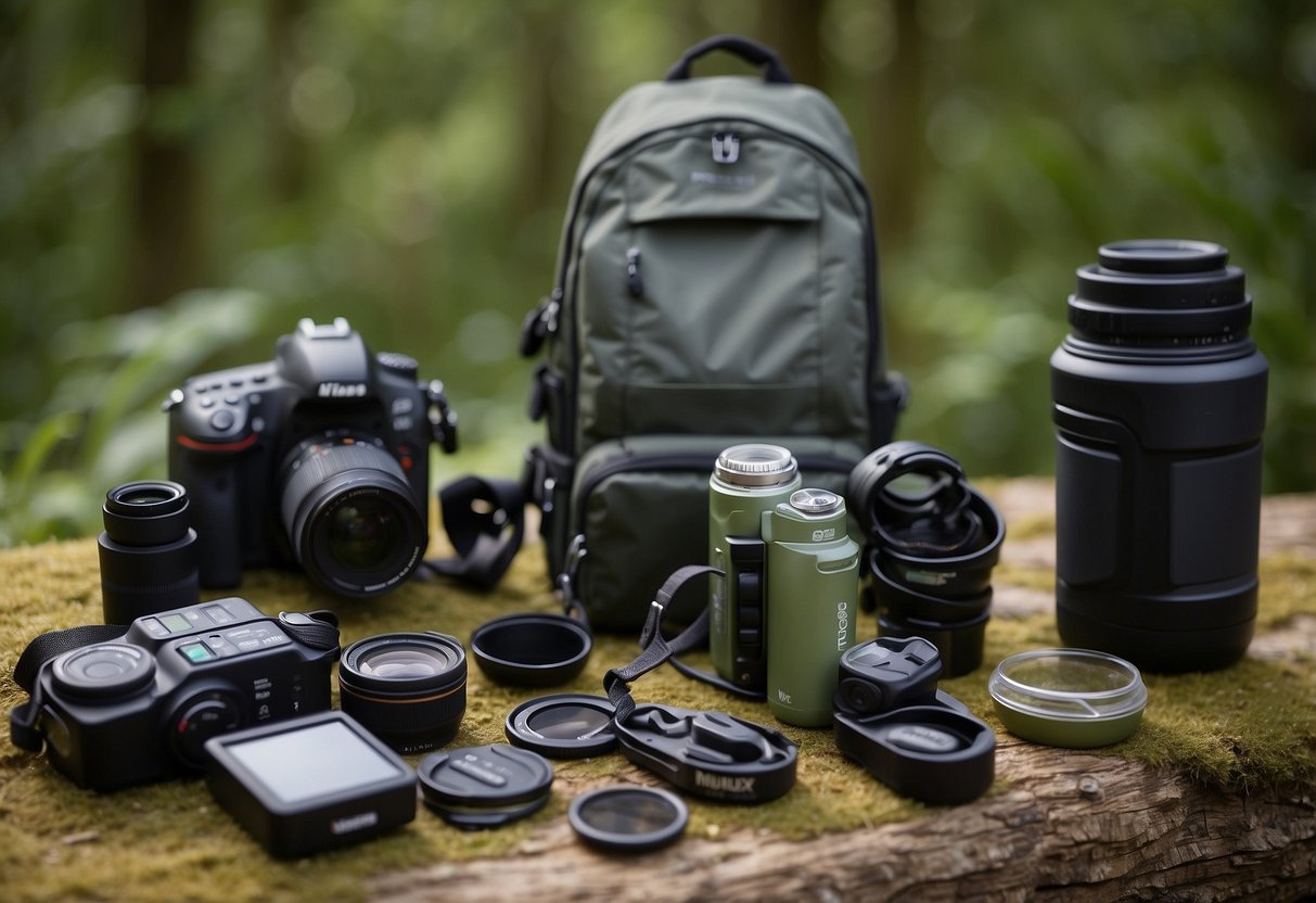 A nature photographer uses recyclable materials for gear: a camera made from sustainable materials, a biodegradable camera strap, a reusable water bottle, a solar-powered charger, and a backpack made from recycled materials