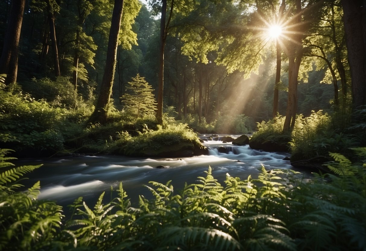 A lush forest with diverse wildlife, a flowing river, and vibrant flora. Sunlight filters through the trees, creating a peaceful and natural atmosphere