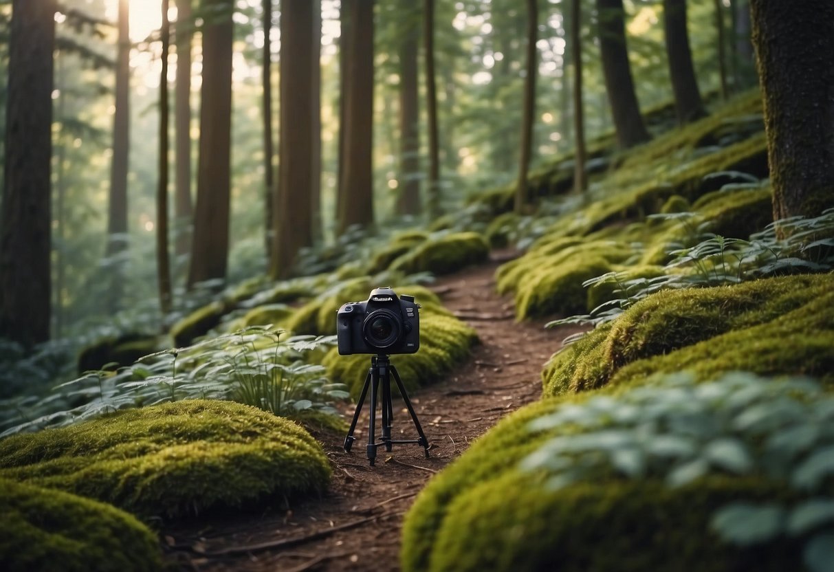 A tranquil forest with a winding path, showcasing diverse flora and fauna. A camera sits on a tripod, capturing the beauty of nature without disturbing it