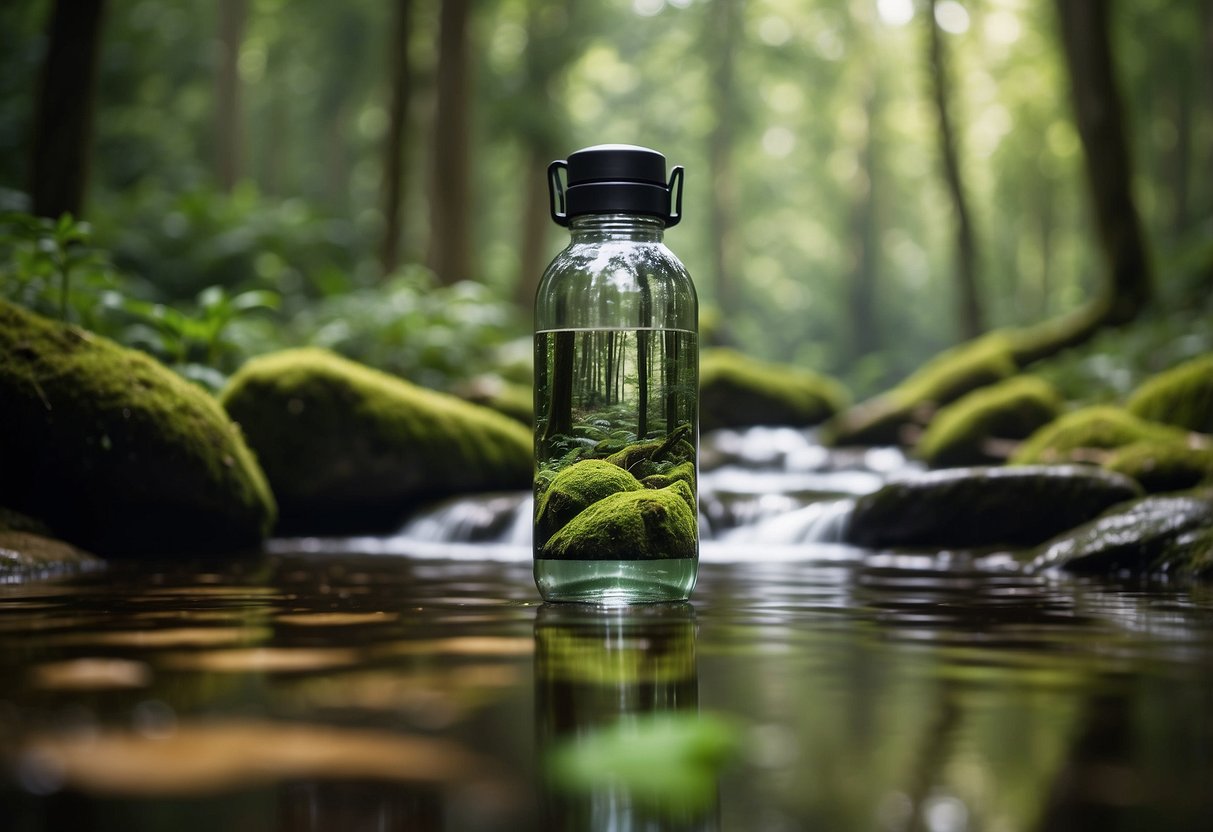 A serene forest with a clear stream, surrounded by lush greenery and vibrant wildlife. A reusable water bottle and biodegradable packaging are visible