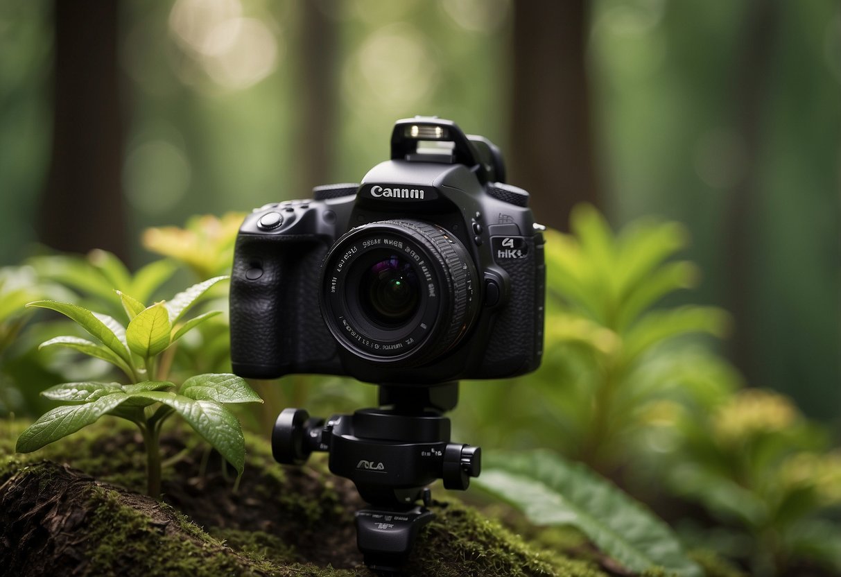 A camera capturing a vibrant, untouched natural landscape with a focus on preserving and respecting the surrounding plant life