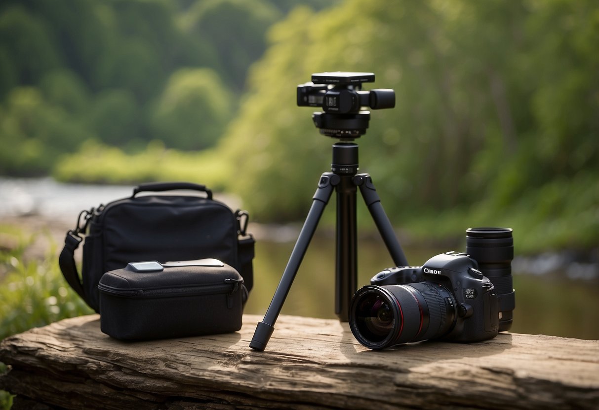 A camera, tripod, and lens set up in a natural setting with reusable water bottles and solar-powered battery chargers nearby