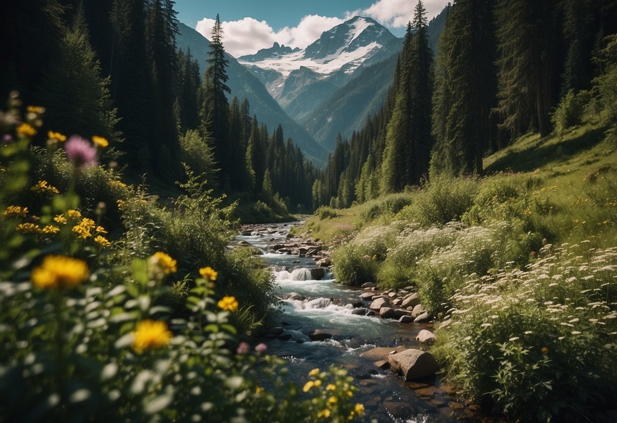 Lush green forest with a flowing river, snow-capped mountains in the background, vibrant flowers, and diverse wildlife