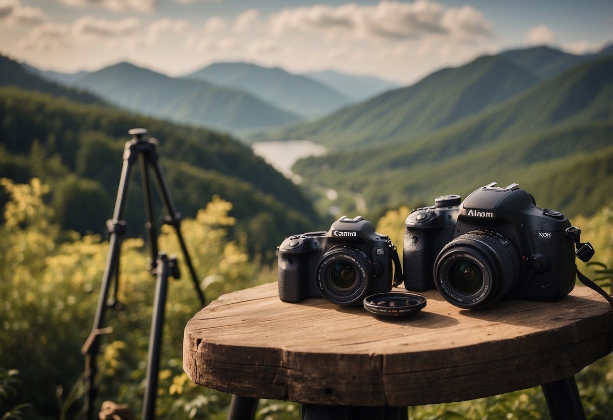 A table with a camera, tripod, lenses, and other photography equipment. A picturesque nature scene with mountains, forests, and a flowing river in the background