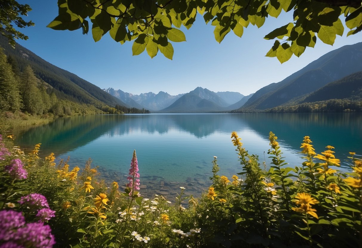 Lush greenery and vibrant flowers in full bloom, with a serene lake reflecting the surrounding mountains and a clear blue sky overhead