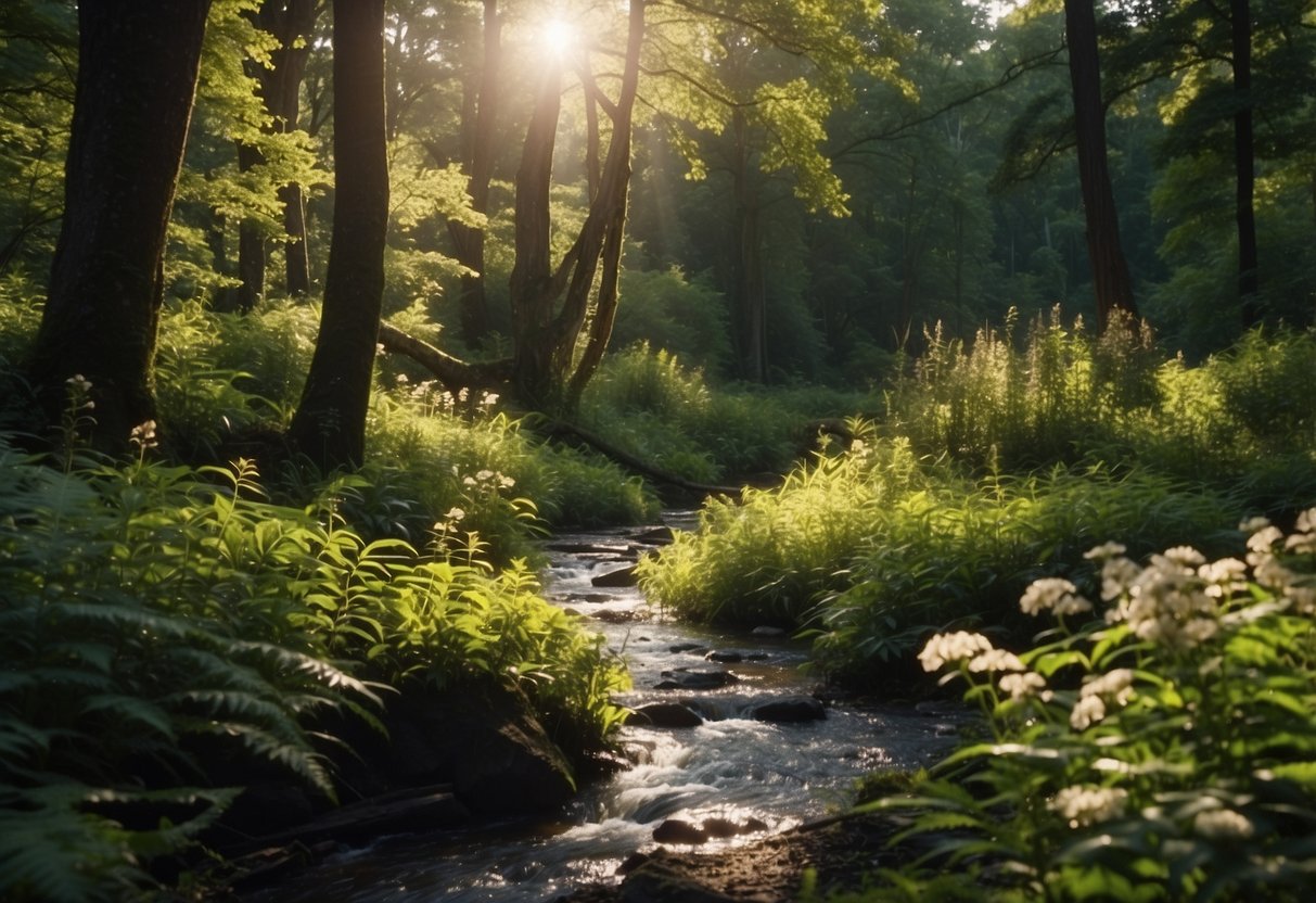 Lush forest with a winding river, vibrant flowers, and diverse wildlife. Sunlight filters through the canopy, creating dappled shadows on the forest floor