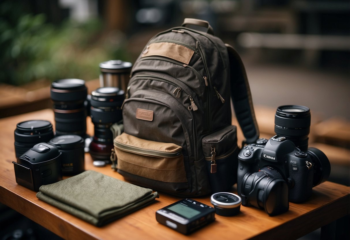 A photographer packs camera gear, maps, and snacks into a backpack. They plan routes, check weather, and research photo locations