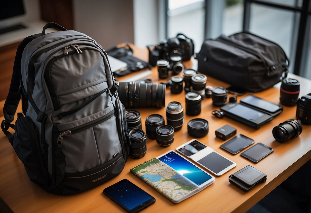 A photographer packs camera gear, batteries, and solar panels into a backpack for a multi-day trip. Maps and notebooks lay scattered on a desk