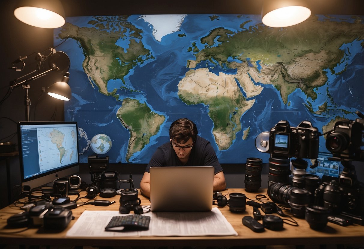 The scene depicts a photographer studying weather patterns on a laptop, surrounded by camera gear and maps, preparing for a multi-day photography trip