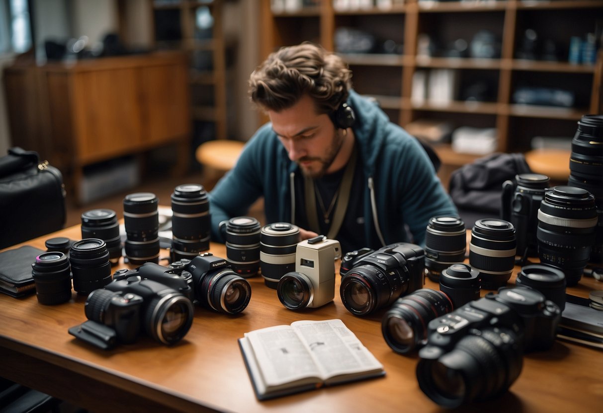 A photographer carefully selects camera gear, lenses, and accessories from a table, preparing for a multi-day trip. Maps, notebooks, and a backpack are scattered around the room