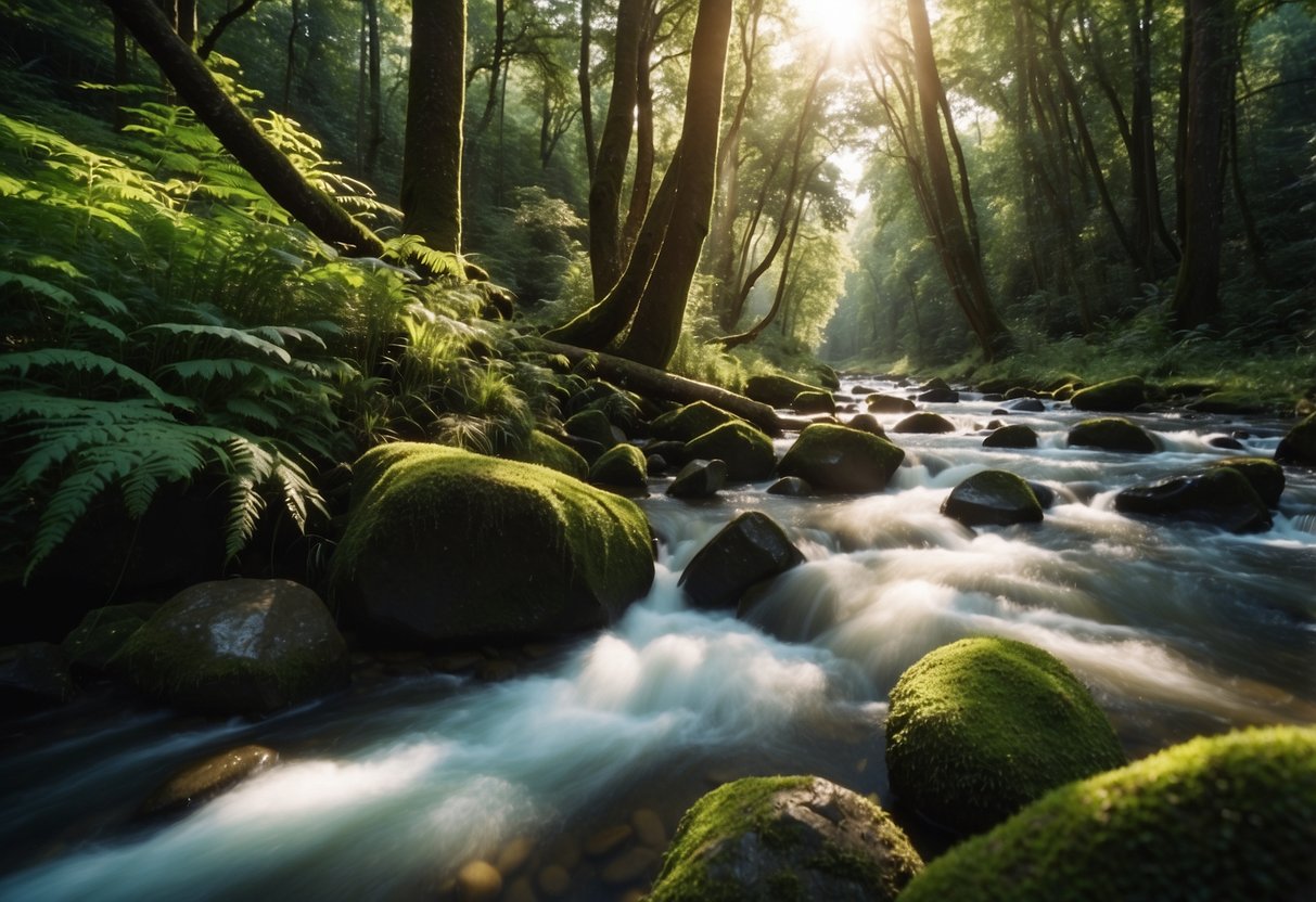 Lush green forest with sunlight streaming through trees, a flowing river, and diverse wildlife. Five different cameras scattered around capturing the serene natural beauty