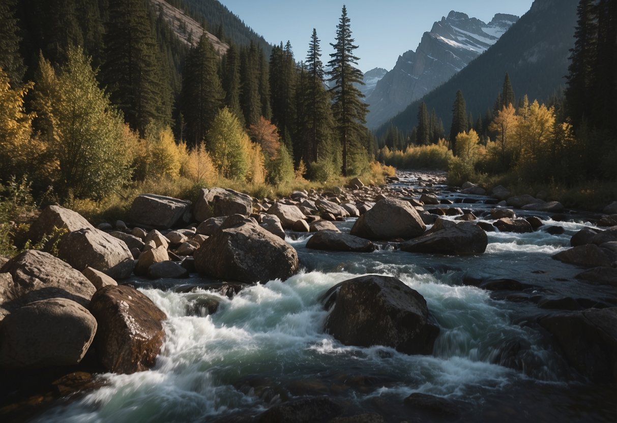 A rugged landscape with a flowing river, towering mountains, and a vibrant forest. A variety of wildlife, such as deer and birds, can be seen in their natural habitat