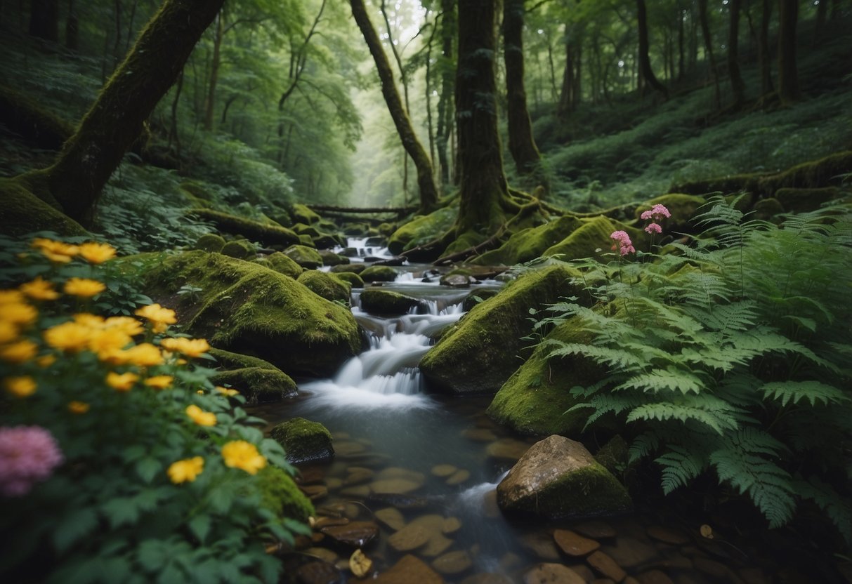 A lush forest with a flowing stream, vibrant flowers, and towering trees. A camera capturing intricate details and vibrant colors in the natural landscape