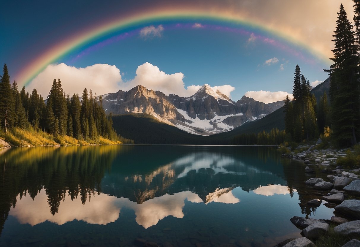 1. Lush greenery surrounds a crystal-clear lake, reflecting towering snow-capped mountains in the distance. A rainbow arcs across the sky, adding a pop of color to the serene scene