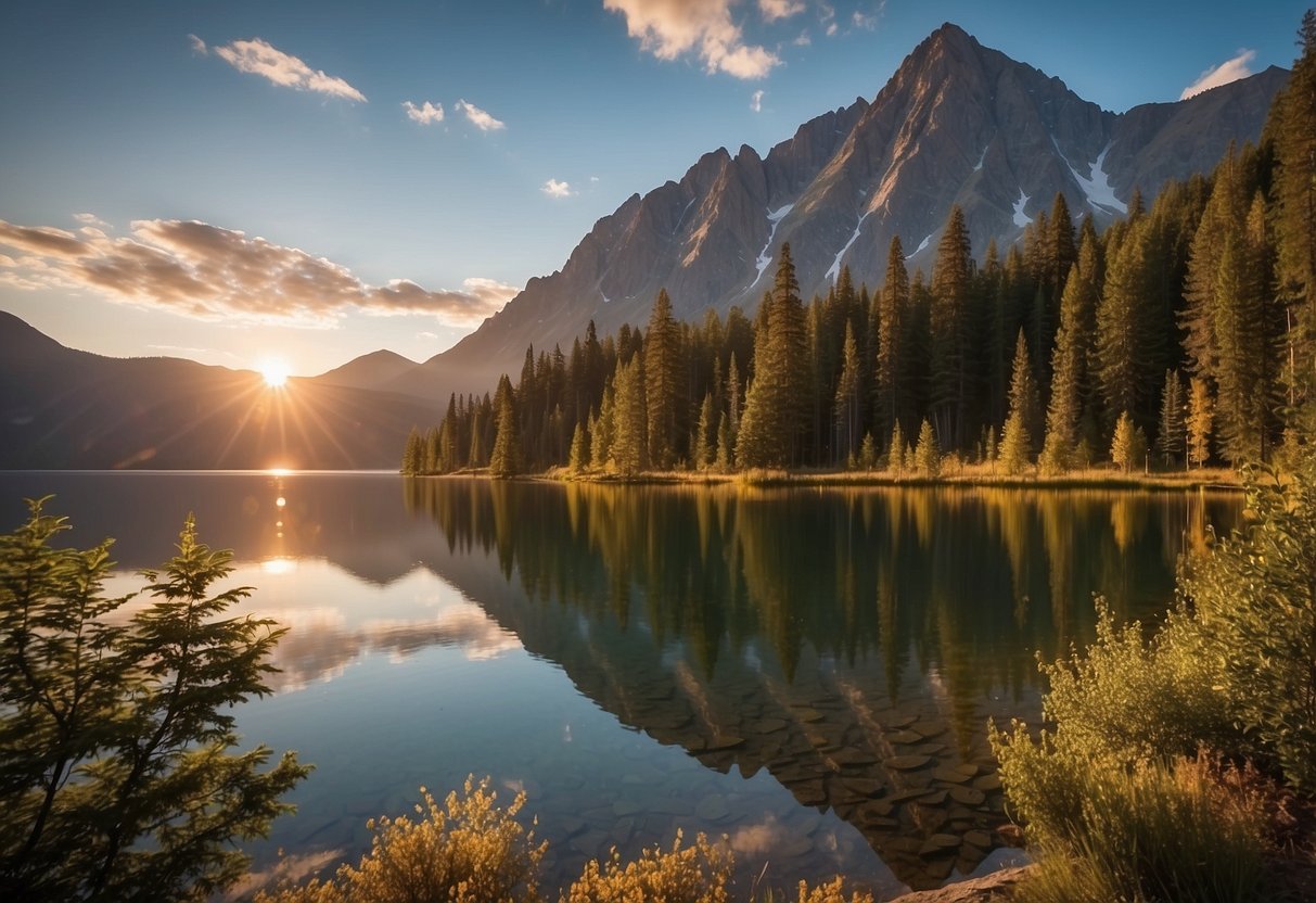 A serene mountain lake reflecting the surrounding peaks, with a colorful sunrise or sunset casting a warm glow over the landscape