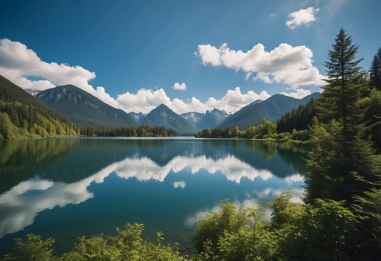 A serene lake surrounded by lush greenery and towering mountains, with a clear blue sky and fluffy white clouds overhead