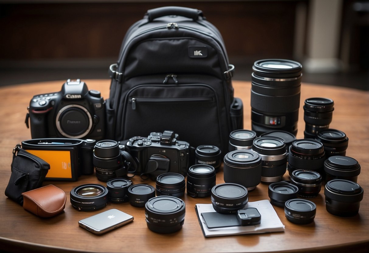 Camera gear neatly organized in a backpack, with lenses, batteries, and memory cards easily accessible. A map and itinerary are laid out, along with a notebook and pen for jotting down photography tips