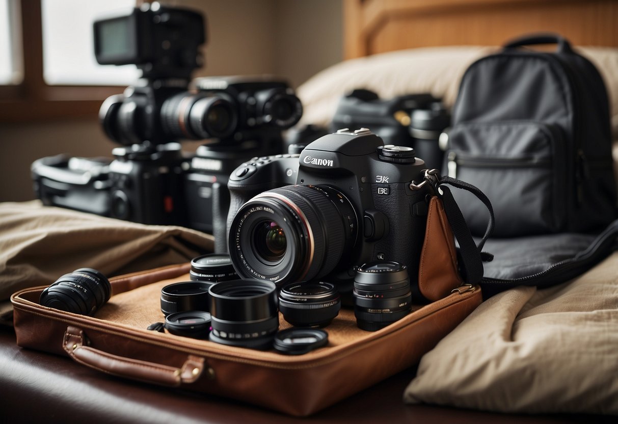 A camera bag open on a bed, filled with neatly organized lightweight tripods, lenses, and camera accessories. A map and notebook with packing tips are nearby