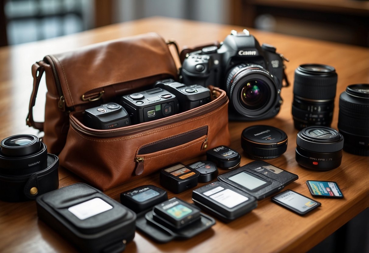 A camera bag open on a table, with memory cards neatly organized and packed alongside other photography essentials