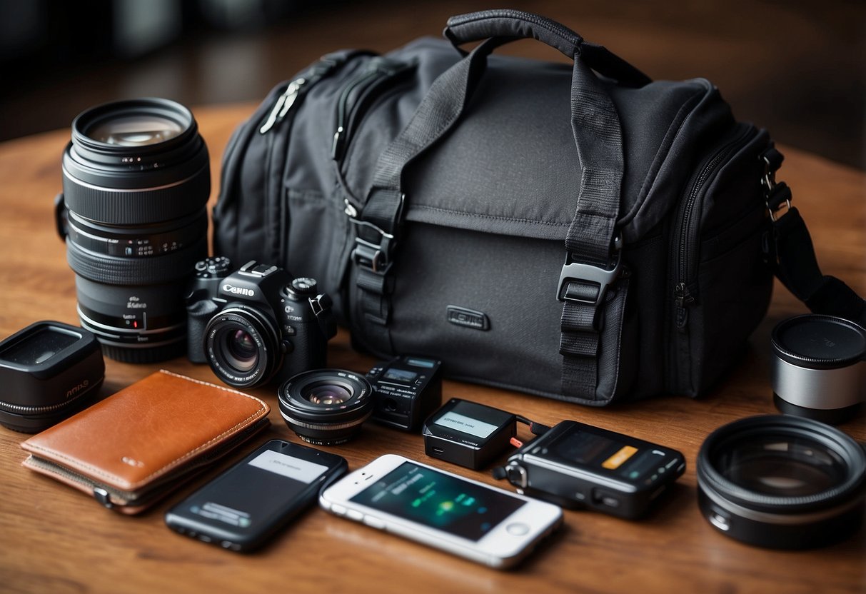 A camera bag with a portable power bank, memory cards, and lenses neatly organized. A map, notebook, and pen are placed on top