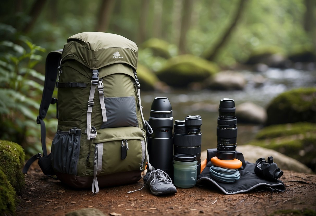 A nature photographer's backpack open, with lightweight apparel spilling out: a quick-dry shirt, convertible pants, moisture-wicking socks, breathable hat, and compact rain jacket