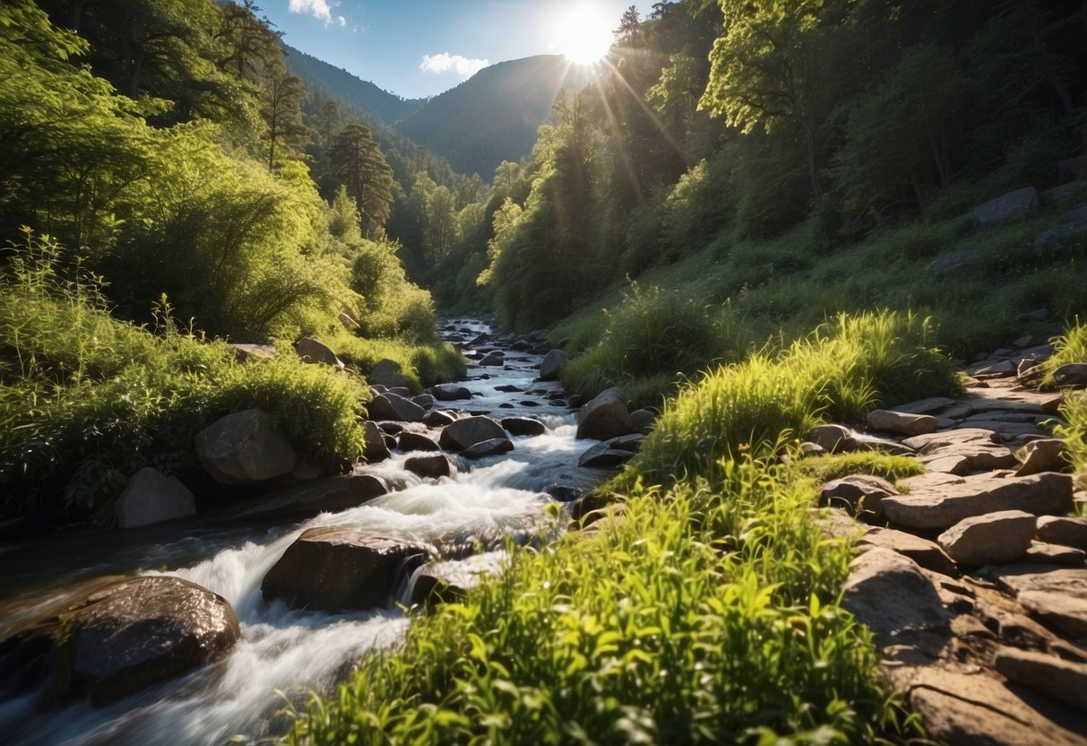 A rugged, sun-drenched trail with lush greenery and a clear blue sky. A stream runs through the scene, and a Columbia Men's Silver Ridge Lite Shirt is draped over a nearby branch