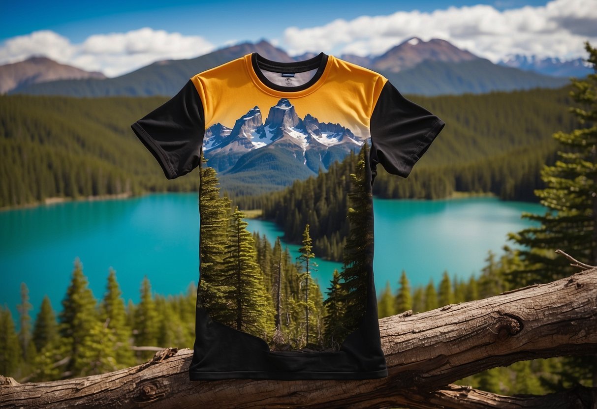 A serene mountain lake reflects the vibrant colors of the surrounding forest. A Patagonia Women's Capilene Cool Daily Shirt hangs on a tree branch, symbolizing the perfect lightweight apparel for nature photographers