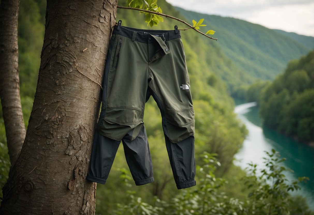 A pair of North Face Paramount Active Convertible Pants hanging from a tree branch, with a backdrop of lush greenery and a flowing river in the background