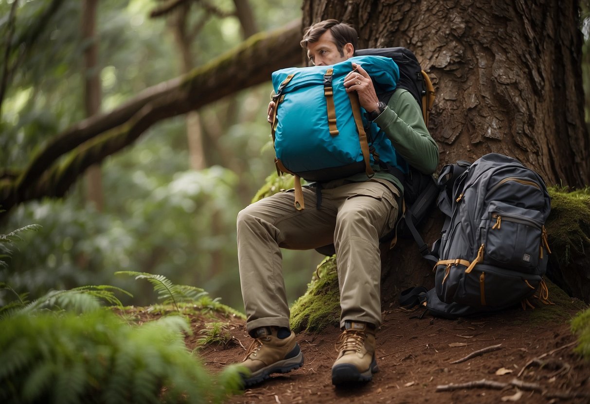 A pair of REI Co-op Sahara Convertible Pants hangs from a tree branch, surrounded by a backpack, camera, and hiking boots in a lush, natural setting