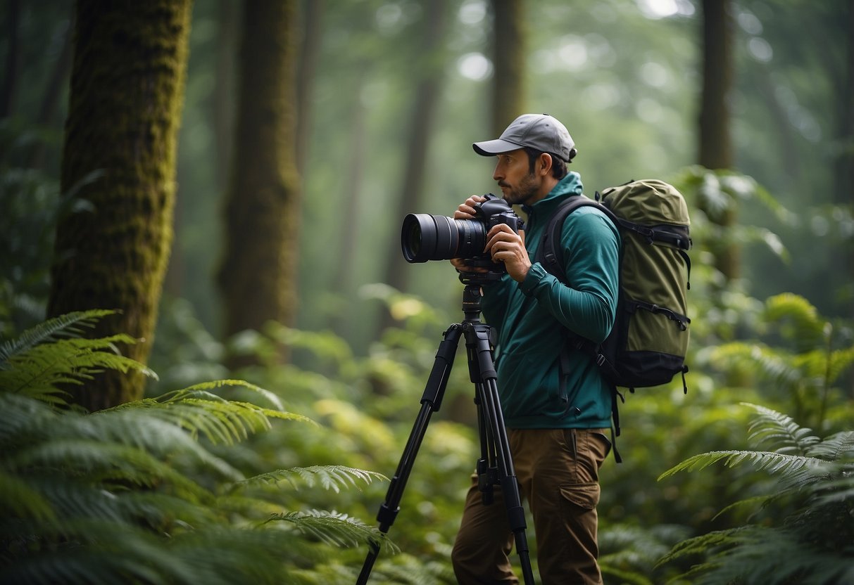 A nature photographer stands in a lush forest, wearing lightweight, breathable clothing. They carry a camera and tripod, surrounded by vibrant flora and fauna