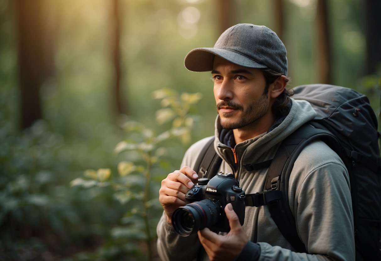 A nature photographer in lightweight apparel, capturing landscapes, wildlife, and flora in various outdoor environments