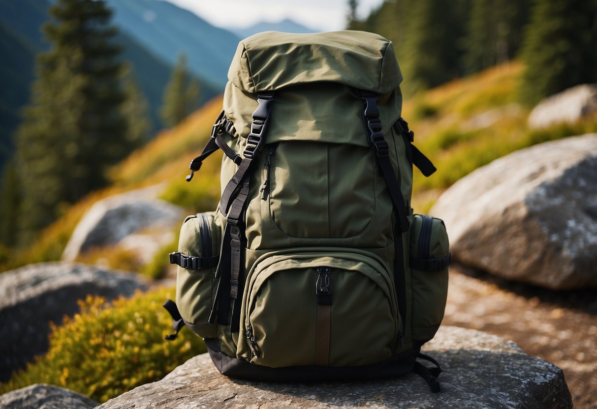 A nature photographer's backpack open, with lightweight apparel neatly folded inside, surrounded by outdoor gear and a lush natural landscape