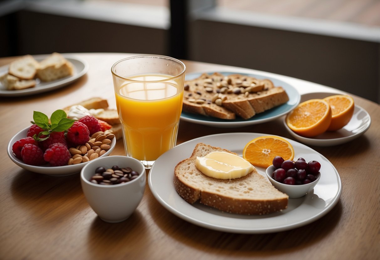 A table set with a variety of breakfast foods, including fruits, whole grain toast, yogurt, and nuts. A glass of orange juice and a cup of coffee sit next to the plate