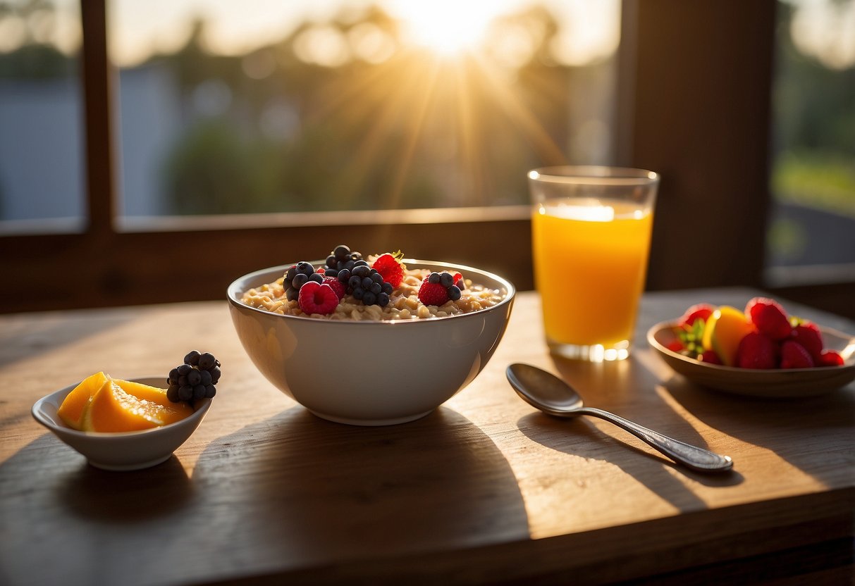 A bowl of oatmeal topped with fresh berries sits on a wooden table next to a glass of orange juice and a spoon. The morning sunlight streams in through a nearby window, casting a warm glow on the breakfast spread