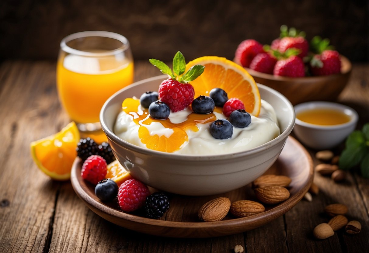 A bowl of Greek yogurt topped with a drizzle of honey sits on a wooden table, surrounded by fresh berries, nuts, and a glass of orange juice