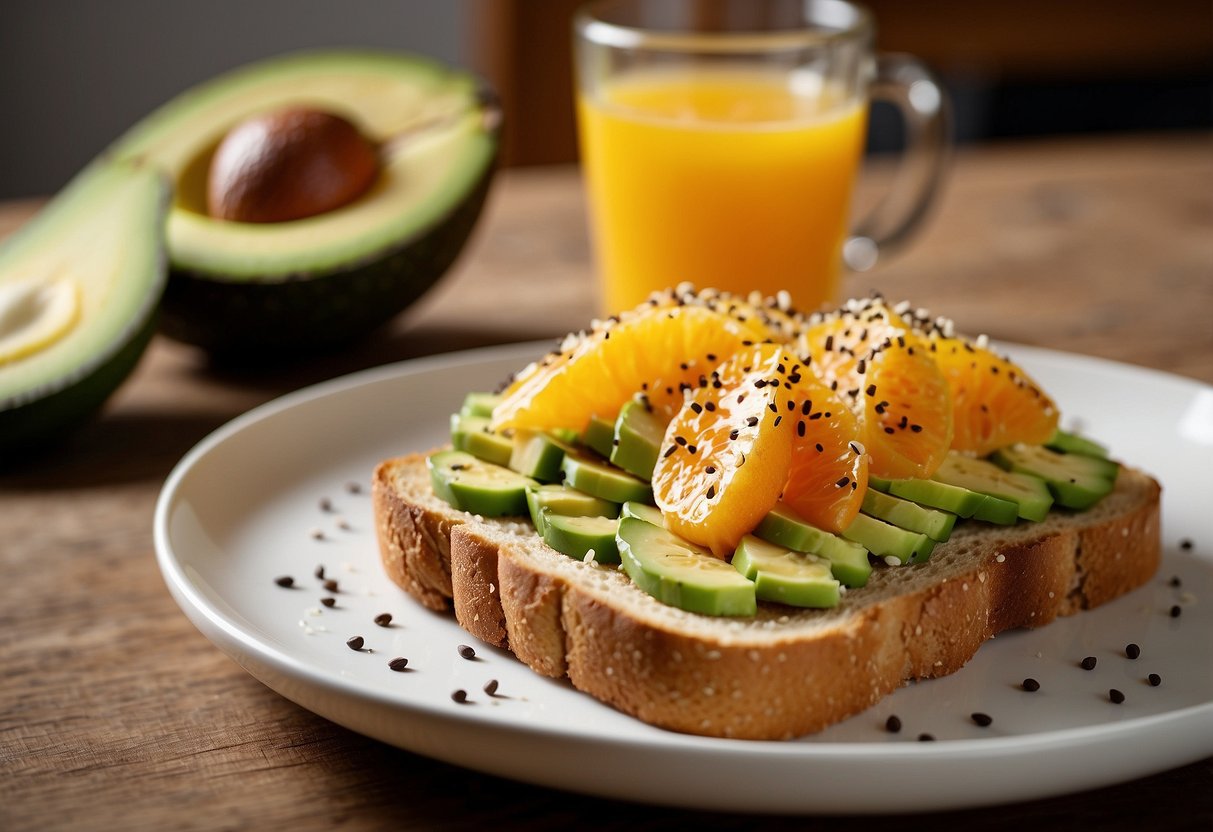 A slice of whole grain toast topped with creamy avocado, sitting on a white plate with a sprinkle of salt and pepper. A glass of orange juice and a banana are placed next to the toast