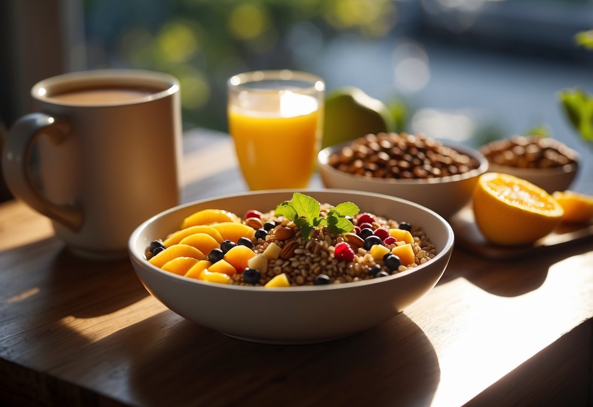 A wooden table set with a colorful quinoa breakfast bowl, surrounded by fresh fruits, nuts, and seeds. A mug of steaming coffee sits beside the bowl. Sunrise light streams through a nearby window