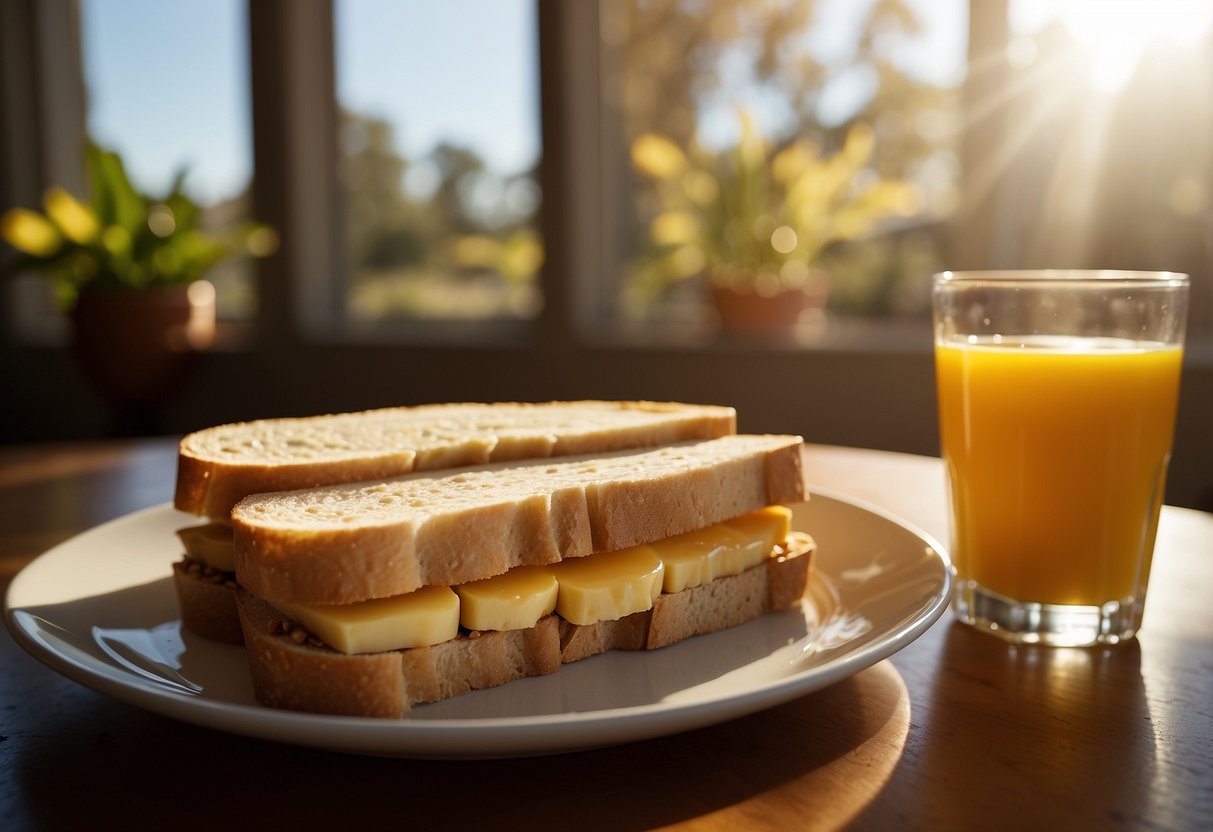 A peanut butter and banana sandwich sits on a plate next to a glass of orange juice and a granola bar. The morning sun filters through the window, casting a warm glow over the breakfast spread